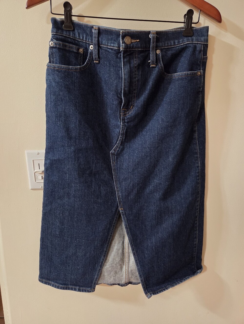 J.CREW Denim VINTAGE Y2K PENCIL MIDI SKIRT Front SLIT Stretch Retro Jean sz 29